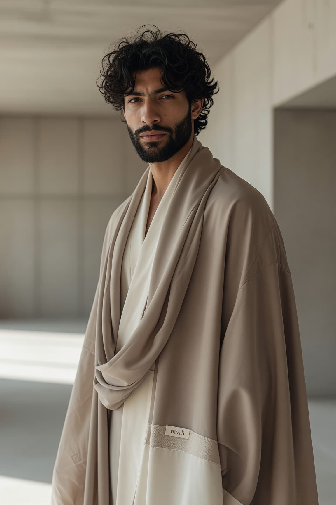 Draped garment carrying the woven ntvrli label