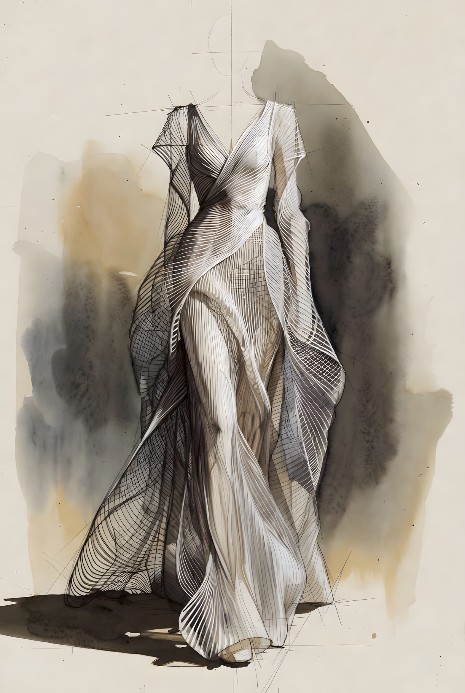 Look 01, Long gown, 3D-woven. Warp and weft argued into a body. The lattice holds its own light.