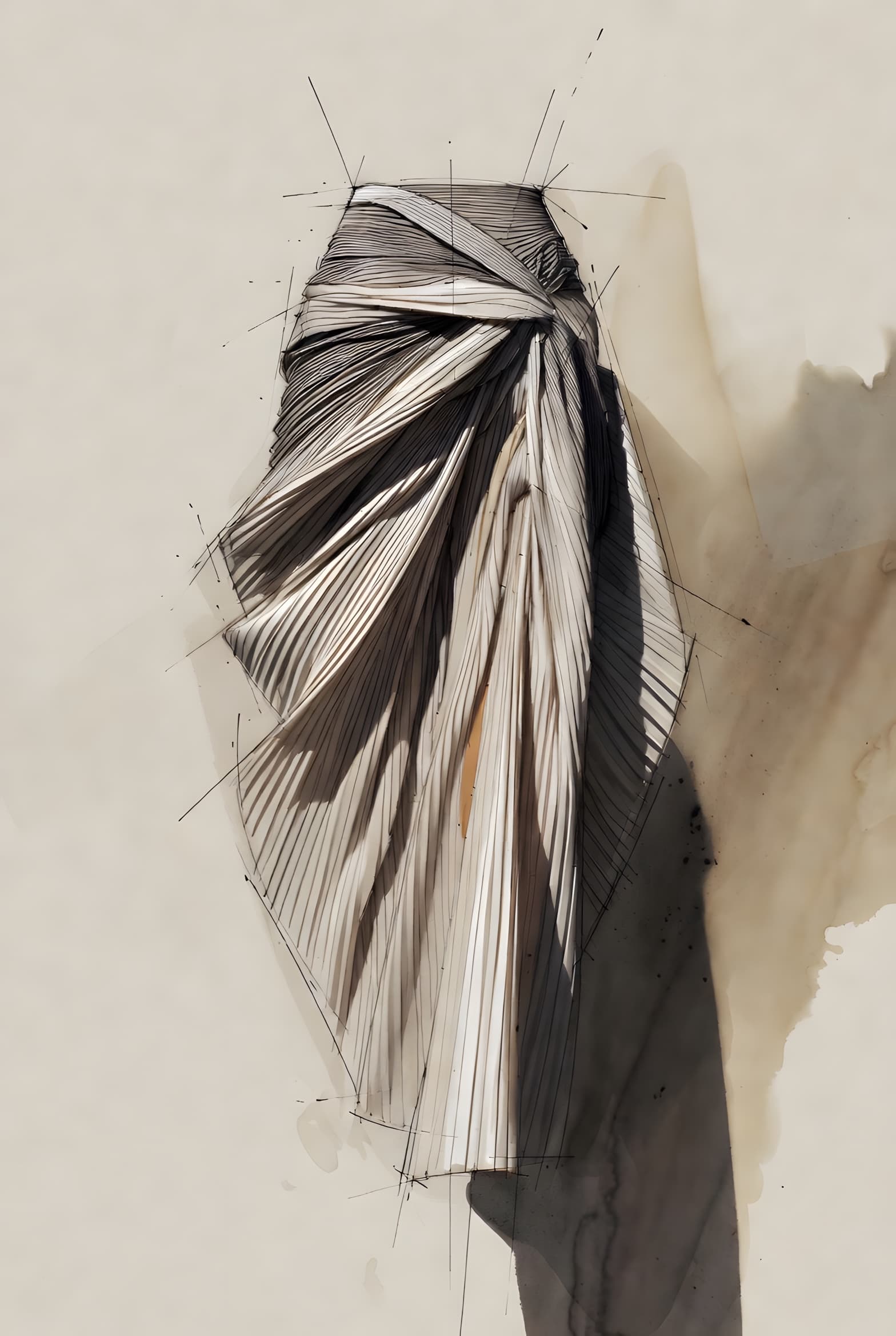Look 02, Wrapped midi skirt. Pleats gathered at the hip and released — the fall decides the hem.